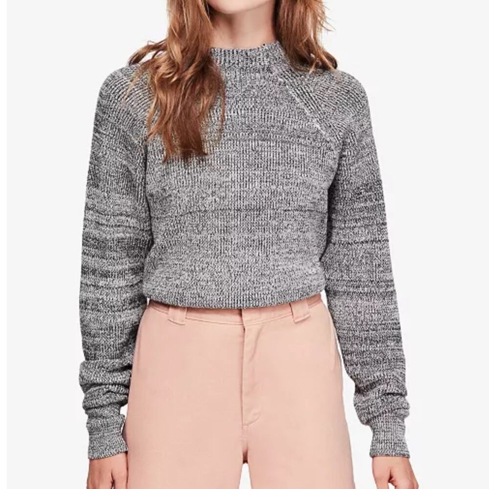 Free People Women’s Small Sweater Ribbed Cotton Knit Mock Neck Grey Pullover